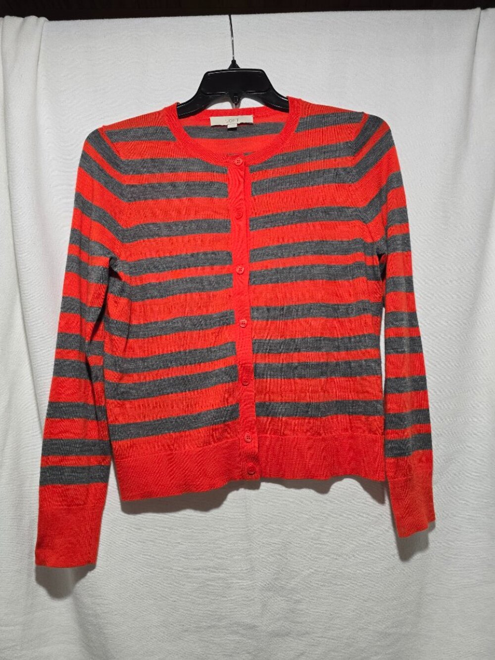 LOFT Orange Gray Striped Cardigan Sweater Button Front Crew Neck Size Large GUC